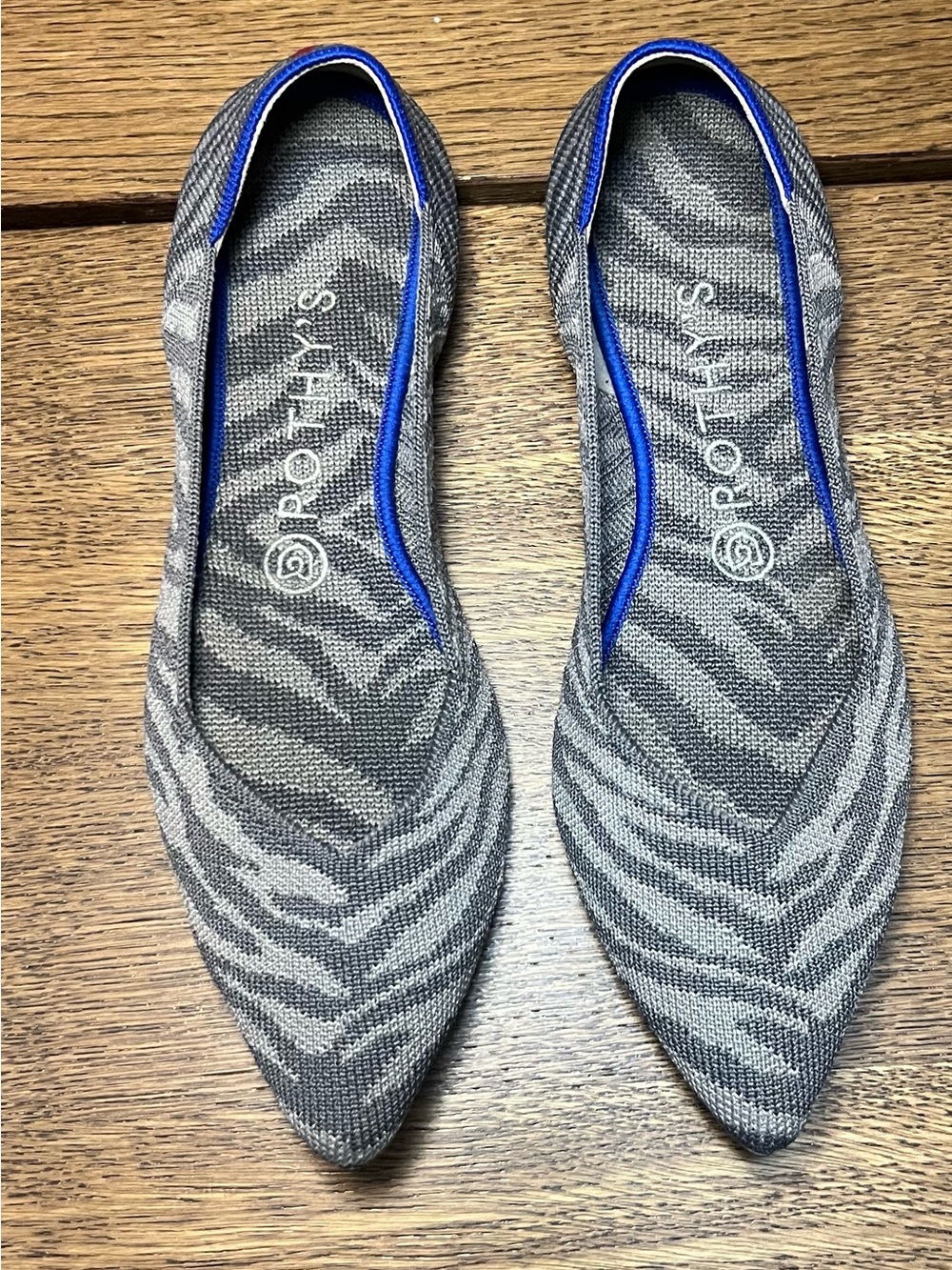Rothy's Gray Zebra Knit Pointed-Toe Flats with Blue Trim